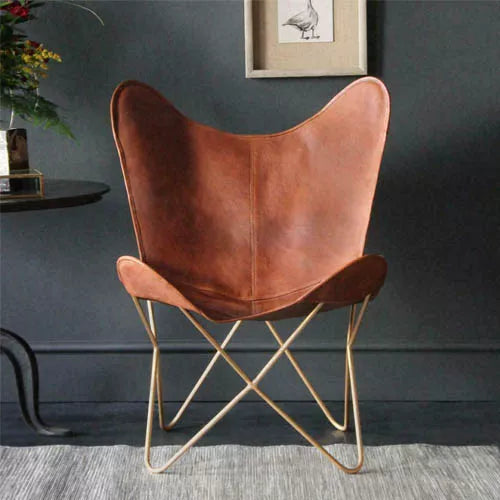 Handmade leather 2 Butterfly Chair 1 stool Goat leather