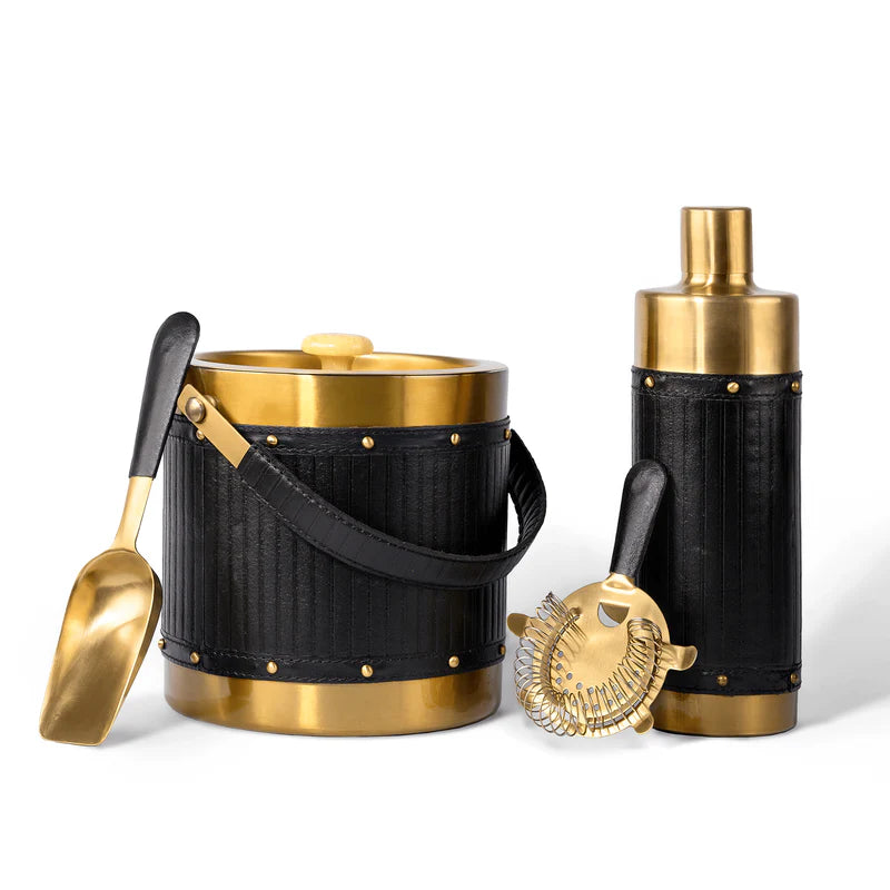 Luxury Black Leather Bar Accessories Set of 4