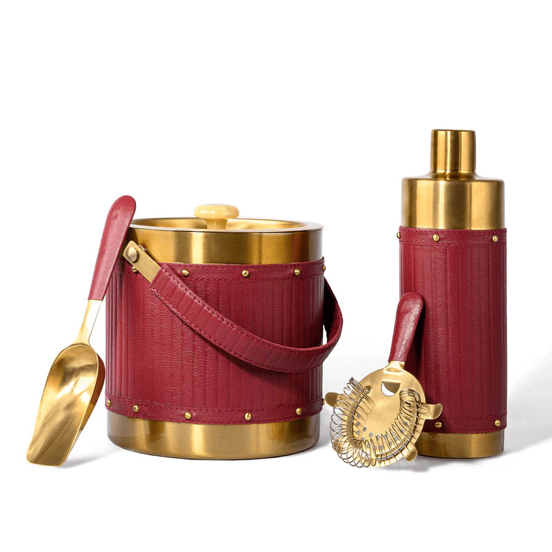 Luxury Red Leather Bar Accessories Set of 4