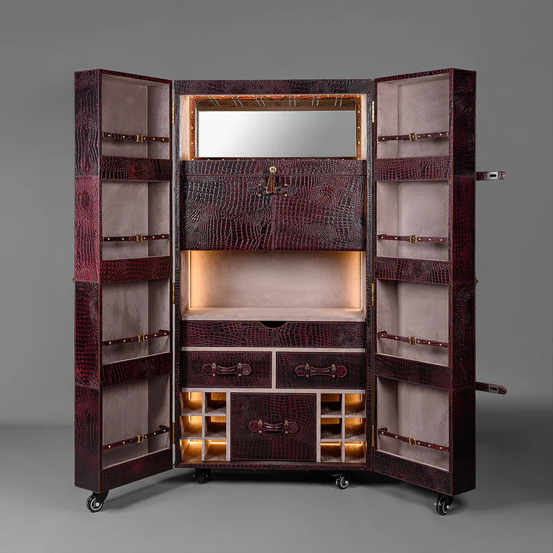 Artemis Premium Burgundy Croco Leather Bar Cabinet