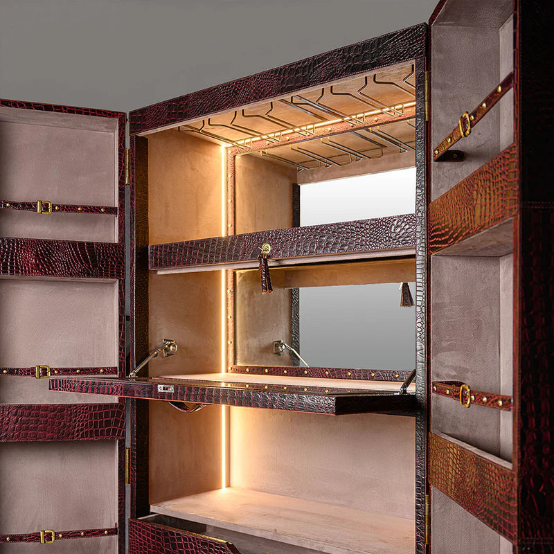 Artemis Premium Burgundy Croco Leather Bar Cabinet