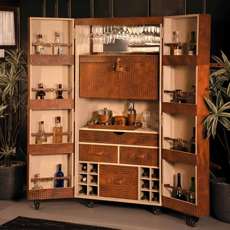 Artemis Croco Tall Leather Bar Cabinet (Tan)