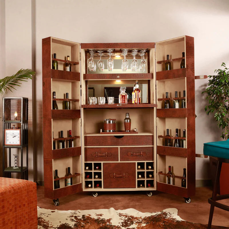 Artemis Croco Tall Leather Bar Cabinet (Tan)