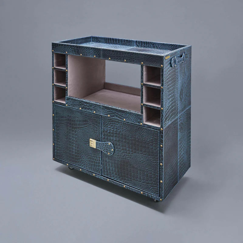 Belize Premium Blue Leather Bar Cart