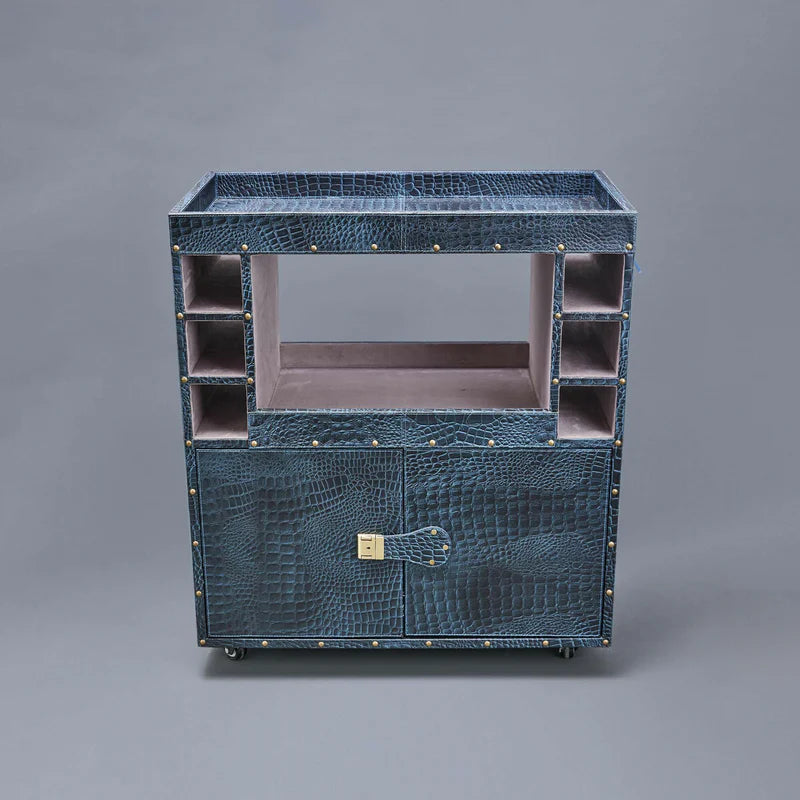 Belize Premium Blue Leather Bar Cart