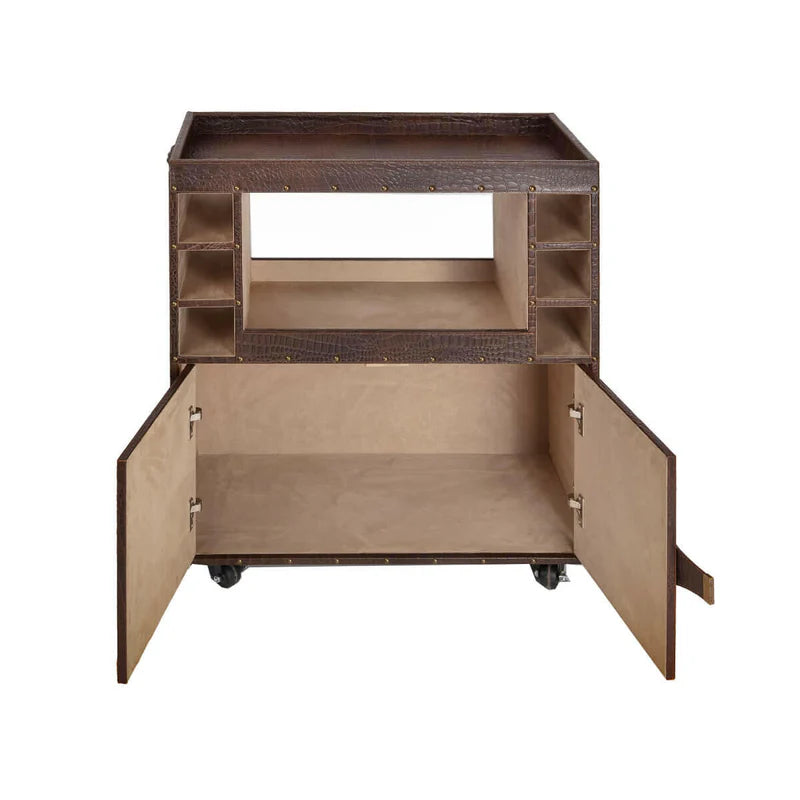 Belize Brown Leather Bar Shelf on Wheels