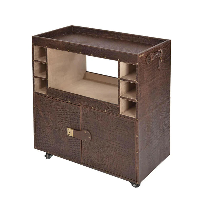 Belize Brown Leather Bar Shelf on Wheels