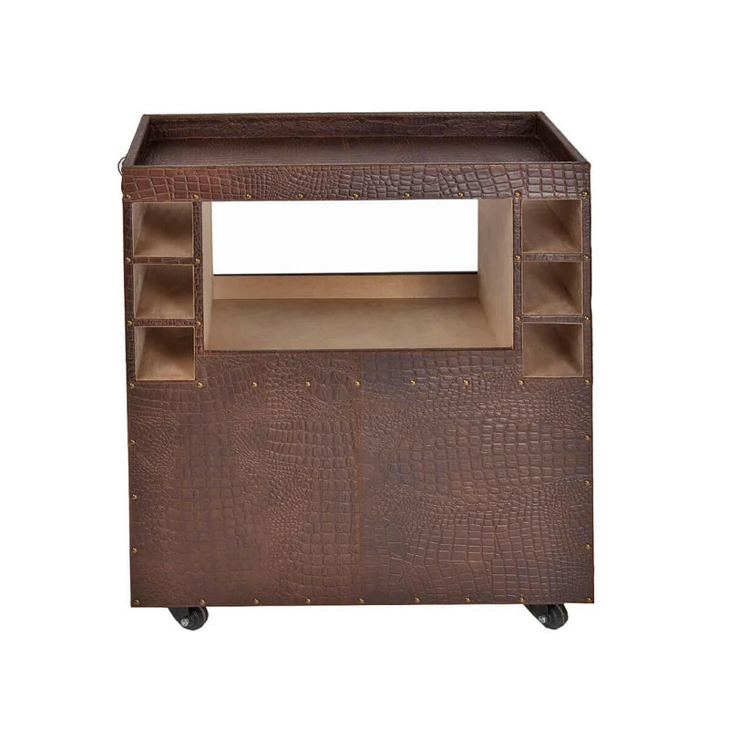 Belize Brown Leather Bar Shelf on Wheels