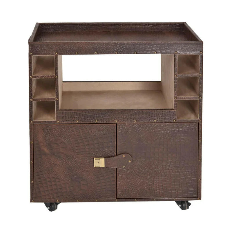 Belize Brown Leather Bar Shelf on Wheels