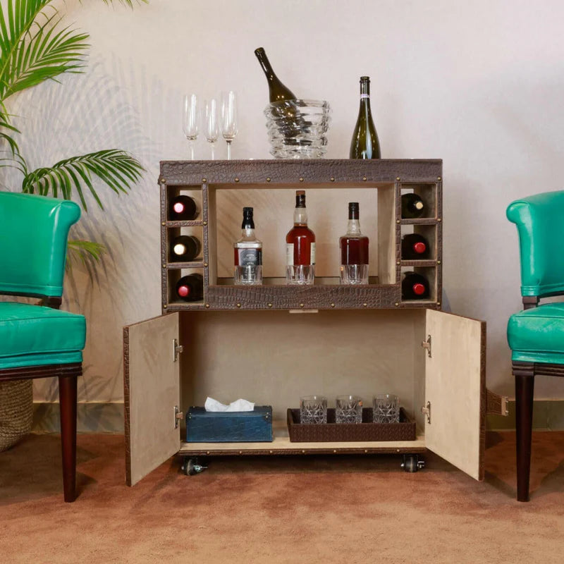 Belize Brown Leather Bar Shelf on Wheels