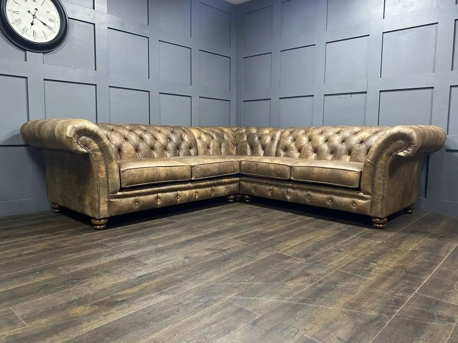 Distressed Brown L shape Chesterfield Sofa
