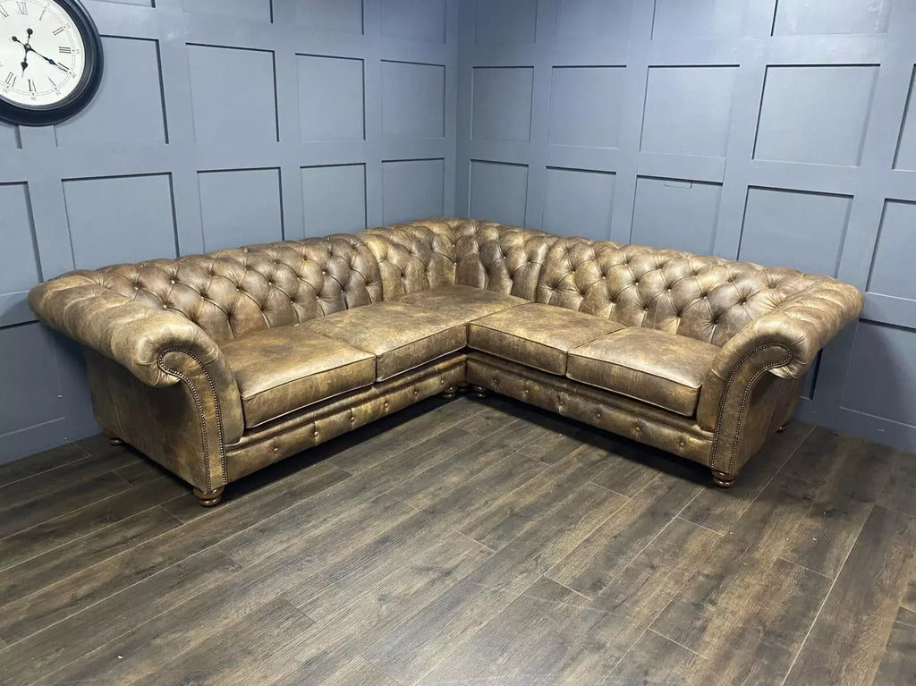 Distressed Brown L shape Chesterfield Sofa