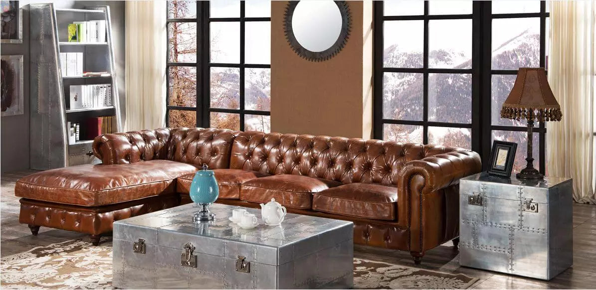 Vintage Brown L shape Chesterfield Sofa