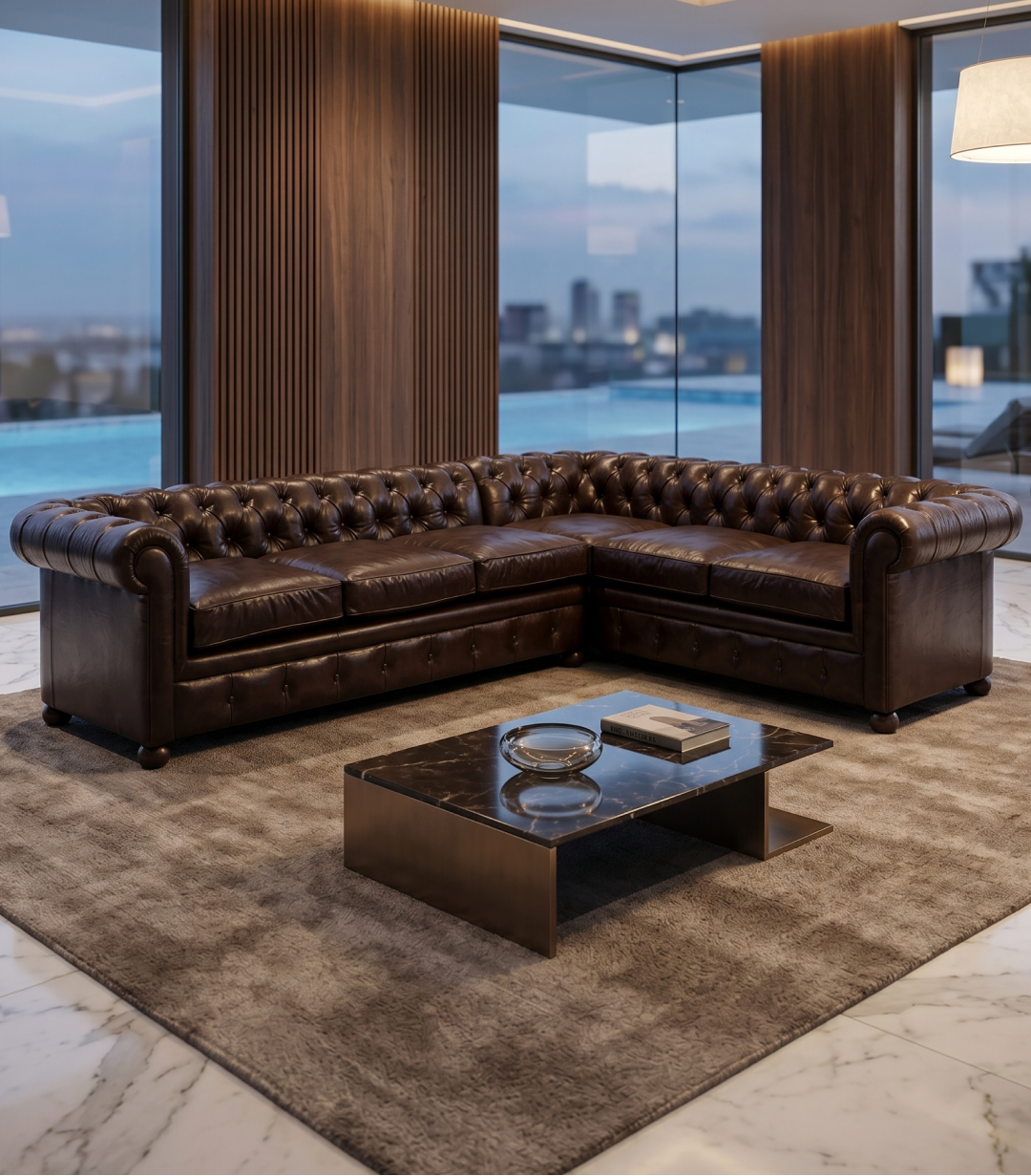 Chocolate Brown L shape Chesterfield Sofa