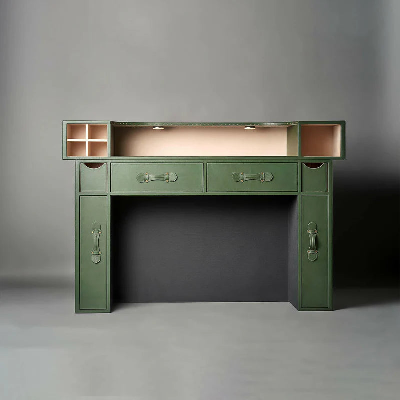 Linear Olive Green Leather Bar Counter Cabinet