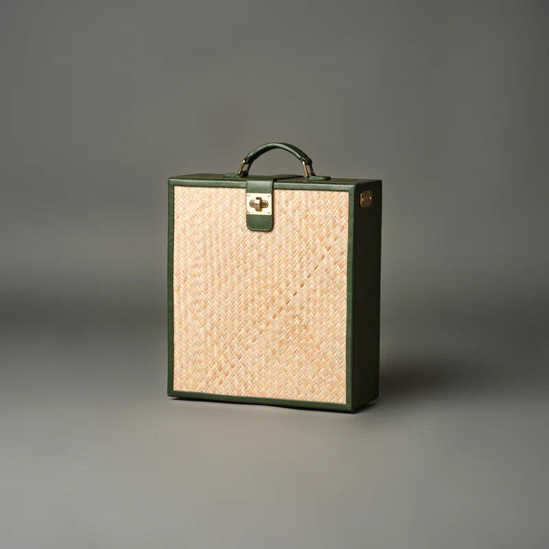 Olive Green Cane & Leather Bar Box