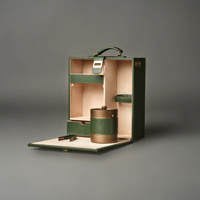 Olive Green Cane & Leather Bar Box