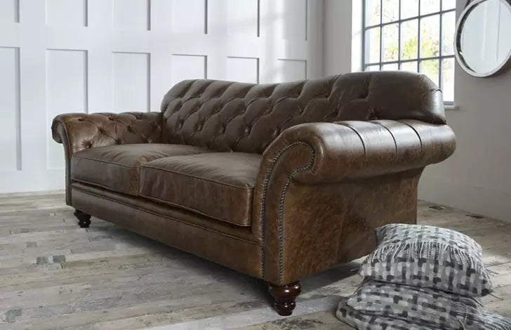 Distressed Chestnu Four Seater Chesterfield Sofa