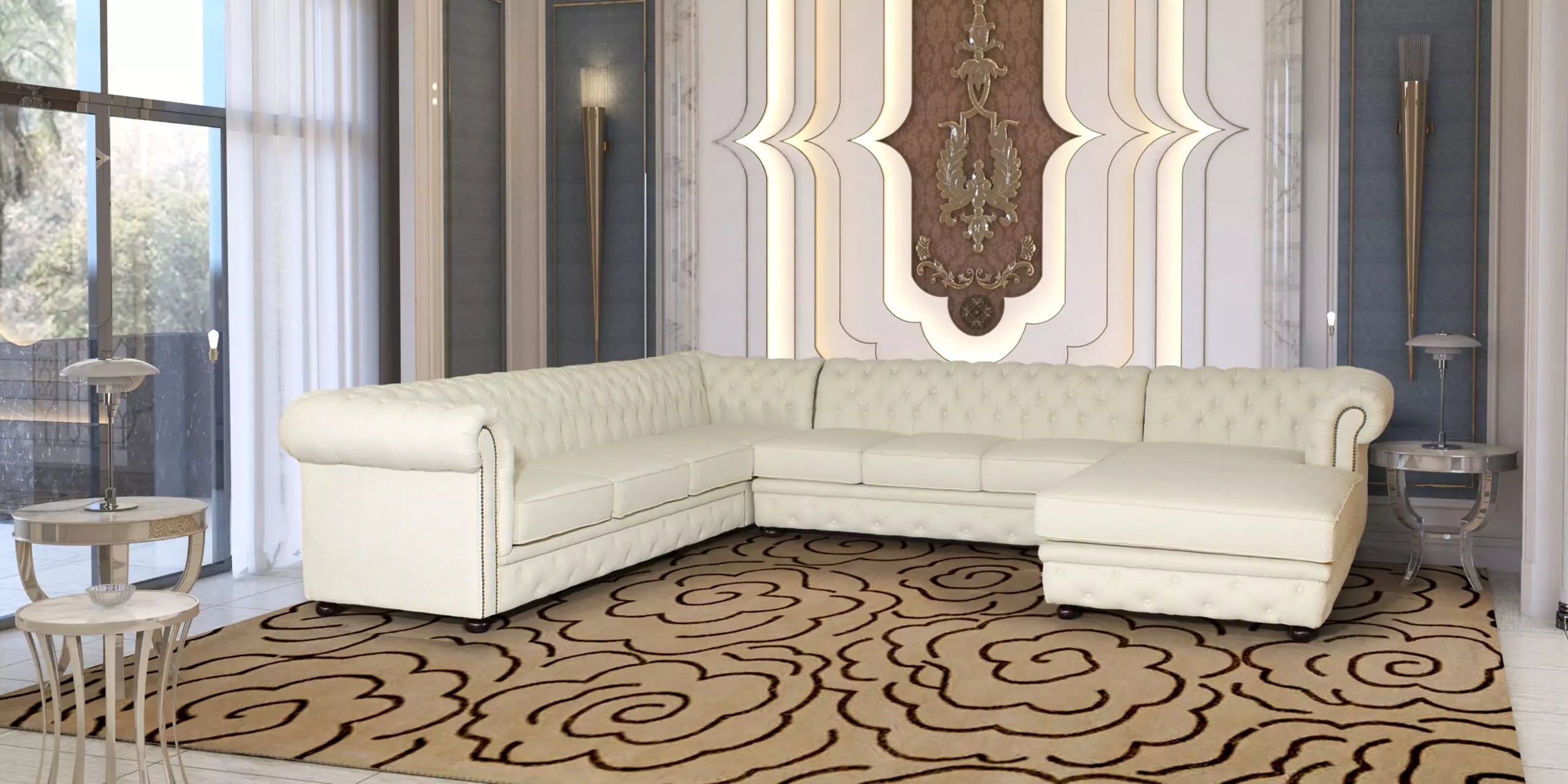 Cream L shape Chesterfield sofa