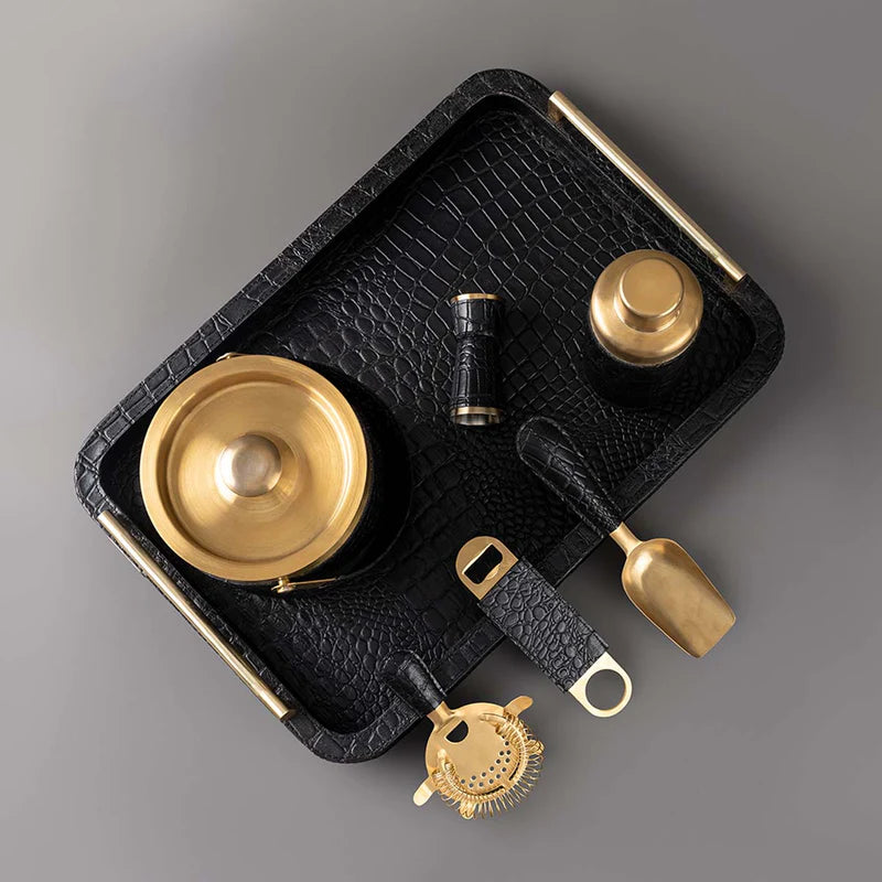 Black Leather Bar Tray with Metal Handle & Bar Tools