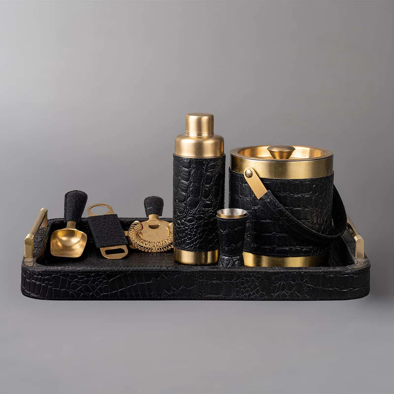 Black Leather Bar Tray with Metal Handle & Bar Tools