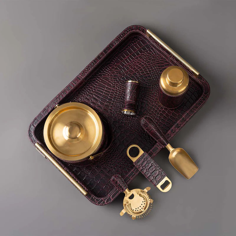 Burgundy Leather Bar Tray with Metal Handle & Bar Tools