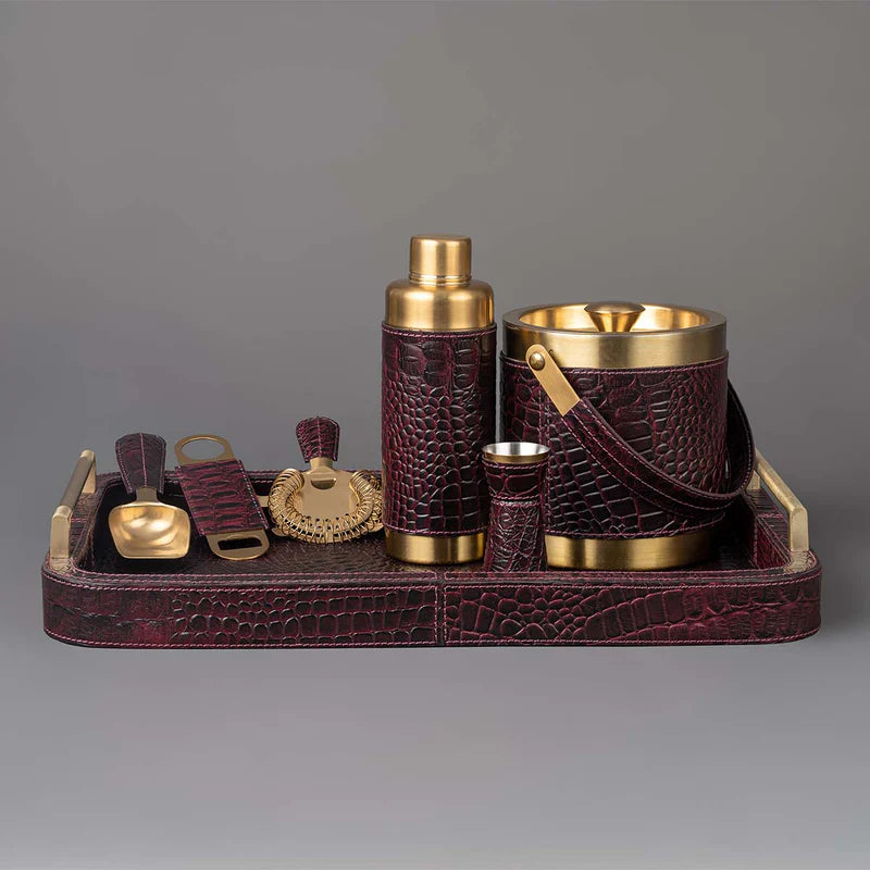 Burgundy Leather Bar Tray with Metal Handle & Bar Tools