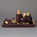Burgundy Leather Bar Tray with Metal Handle & Bar Tools
