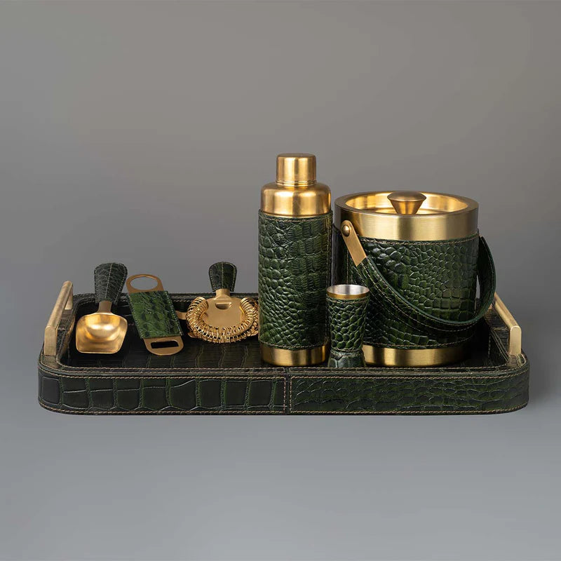 Green Leather Bar Tray with Metal Handle & Bar Tools