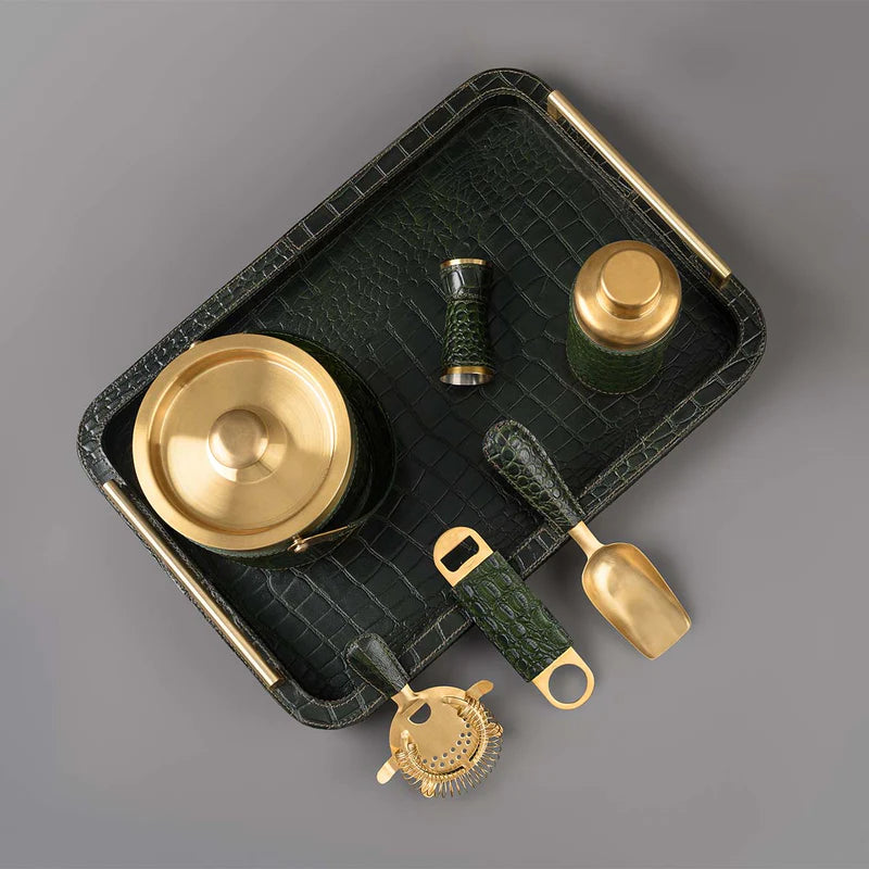 Green Leather Bar Tray with Metal Handle & Bar Tools
