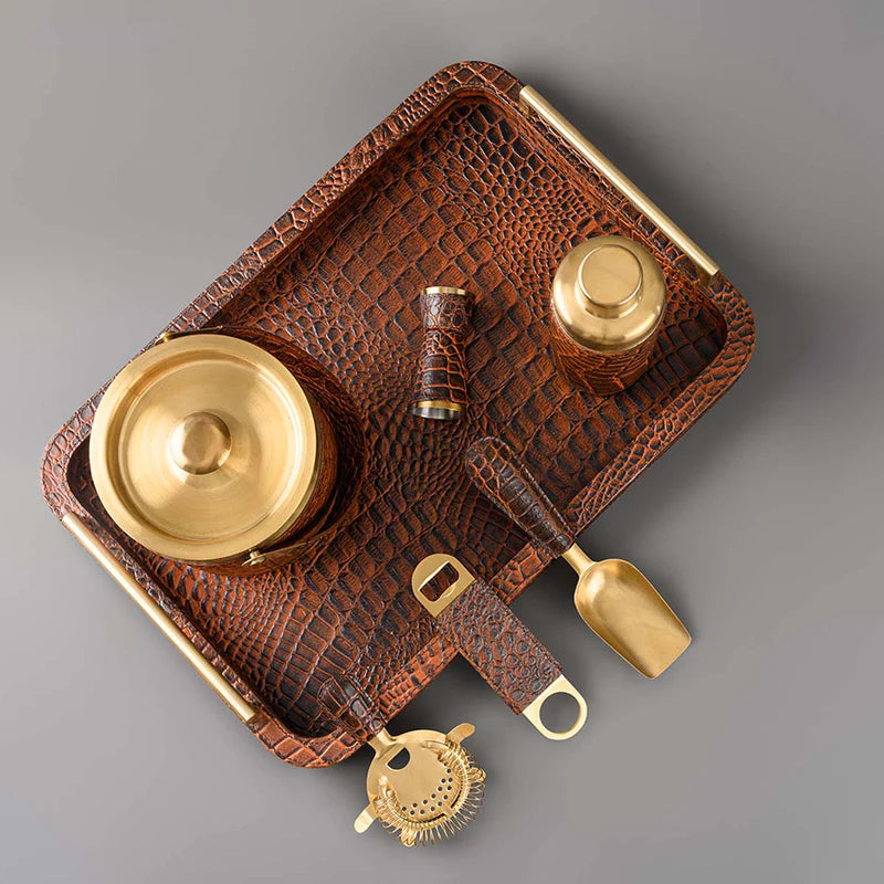 Tan Leather Bar Tray with Metal Handle & Bar Tools