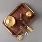 Tan Leather Bar Tray with Metal Handle & Bar Tools