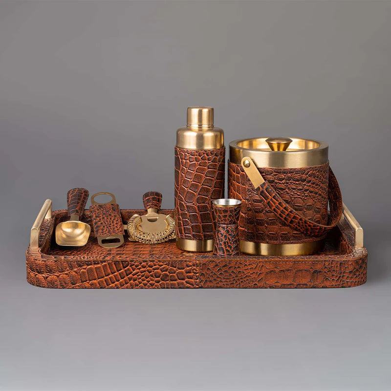 Tan Leather Bar Tray with Metal Handle & Bar Tools
