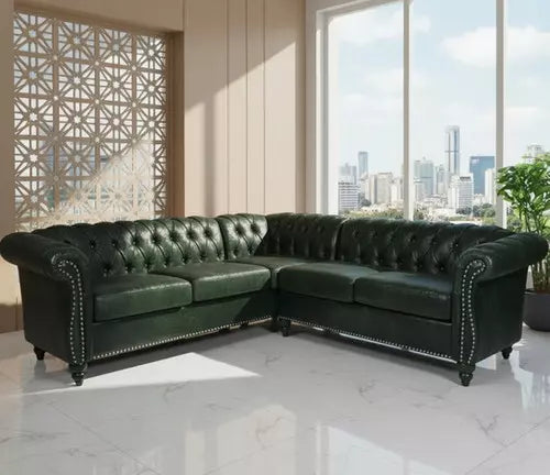 Green L shape Chesterfield Sofa